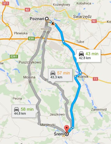 Mapa - dojazd ze Śremu do Poznania
